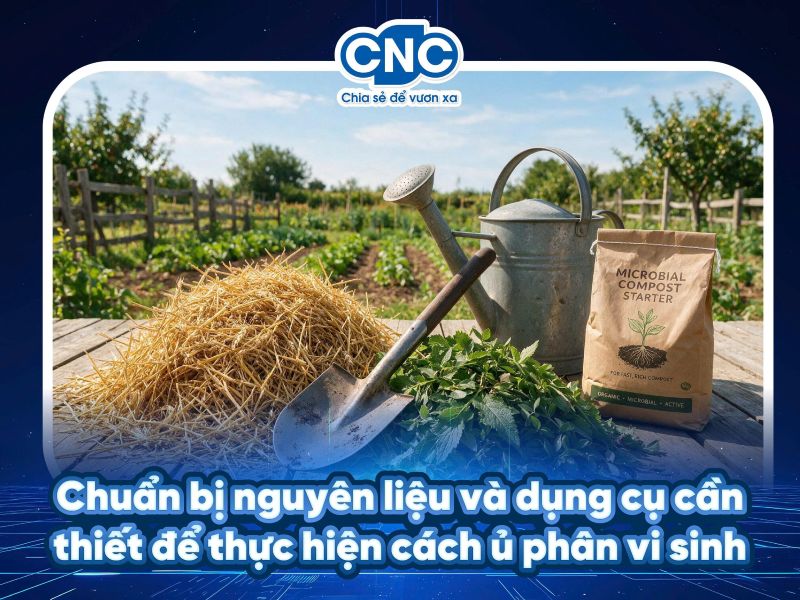 Chuẩn bị nguyên liệu và dụng cụ cần thiết để thực hiện cách ủ phân vi sinh